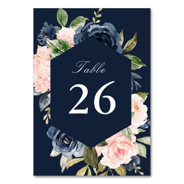 Navy & blush watercolor floral wedding table number (Back)