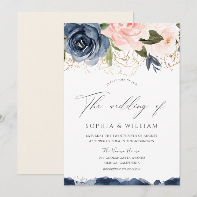 Navy & Blush Watercolor Florals Gold Leaf Wedding Invitation (Front/Back)