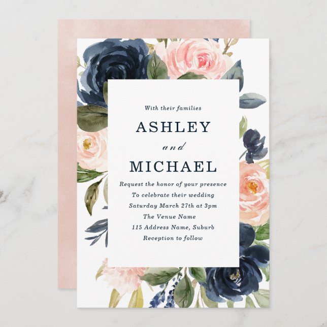Navy & Blush Watercolor Flowers Framed Wedding Invitation (Front/Back)