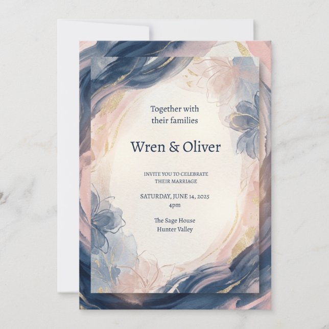 Navy Blush Watercolor Wedding Invitation (Front)