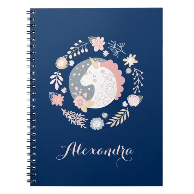 Navy Blush Whimsical Unicorn Wreath Notebook (Front)