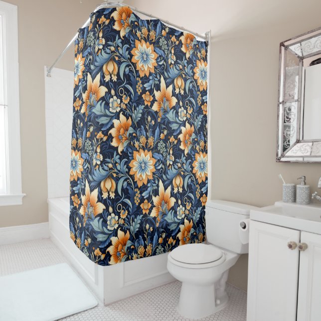 Navy Bohemian Floral Shower Curtain (In Situ)