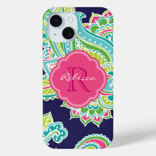 Navy Bohemian Paisley Custom Monogram iPhone 15 Case