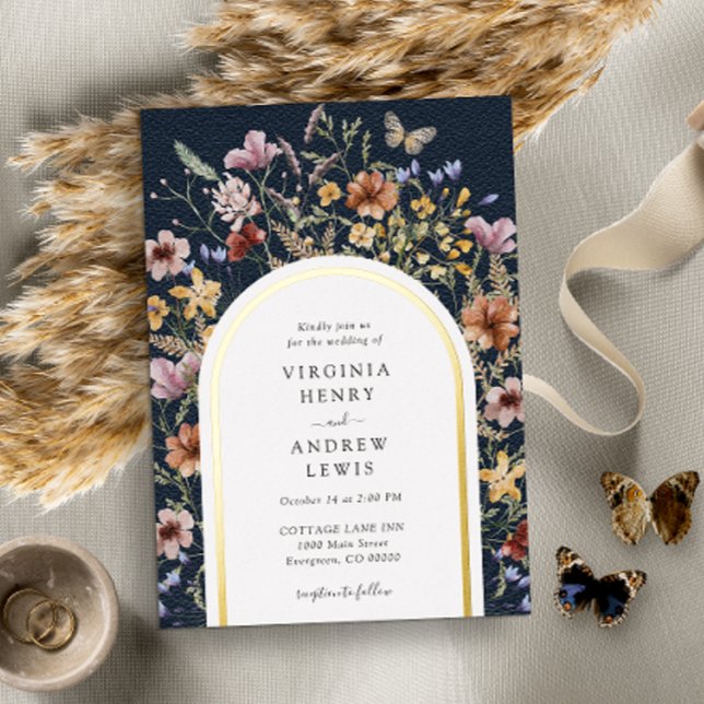 Navy Boho Arch Wedding Invitation (Navy Blue Boho Arch Wedding Gold Foil Invitation by Painted Paperie
)