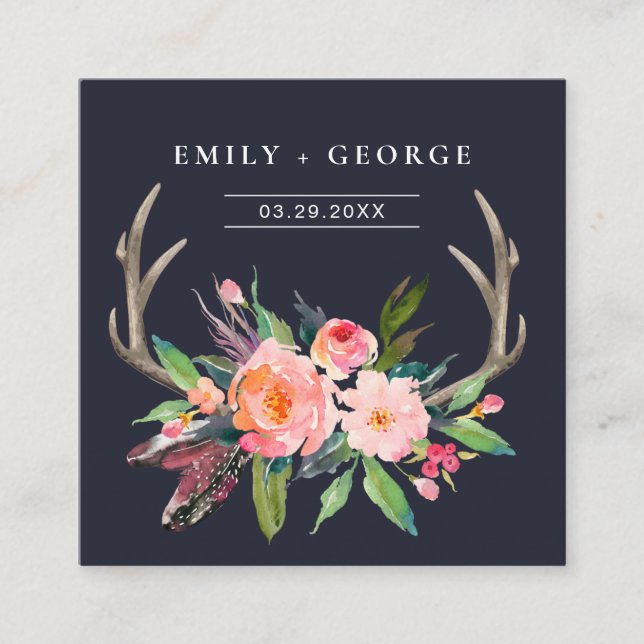 NAVY BOHO BLUSH ANTLER FLORAL WEDDING WEBSITE RSVP SQUARE BUSINESS CARD (Front)