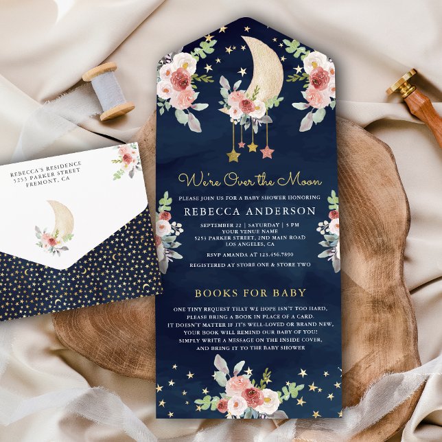 Navy Boho Burgundy Floral Stars Moon Baby Shower All In One Invitation (Creator Uploaded)