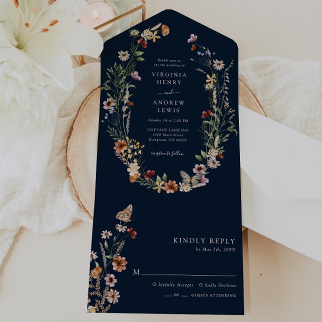 Navy Boho Floral All in One Wedding Invite (Navy Boho Floral All in One Wedding Invite by Painted Paperie
)