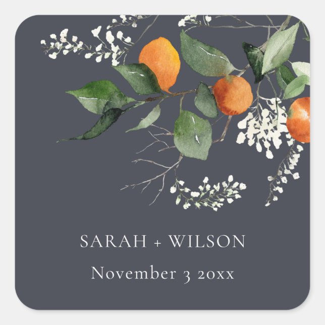 Navy Boho Orange Blossom Botanical Wedding Square Sticker (Front)