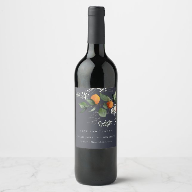 Navy Boho Orange Blossom Botanical Wedding Wine Label (Front)