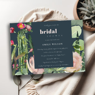 NAVY BOHO PINK FLORAL CACTI FOLIAGE BRIDAL SHOWER INVITATION