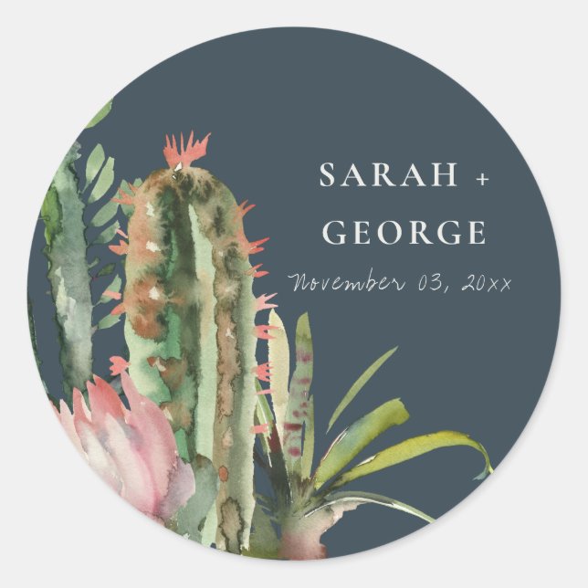 NAVY BOHO PINK FLORAL DESERT CACTI FOLIAGE WEDDING CLASSIC ROUND STICKER (Front)