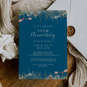 Navy Boho Wildflower 50th Wedding Anniversary Invitation