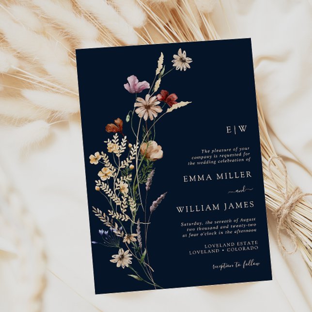 Navy Boho Wildflowers Wedding Invitation (Navy Blue Boho Wildflowers Wedding Invitation Monogram by Painted Paperie
)