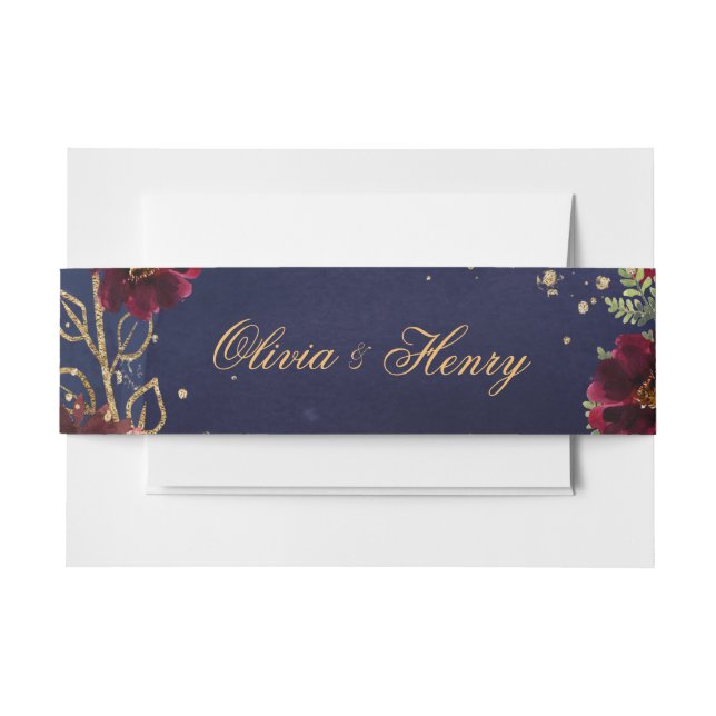 Navy Bordeaux Wedding Invitation Belly Band (Front Example)
