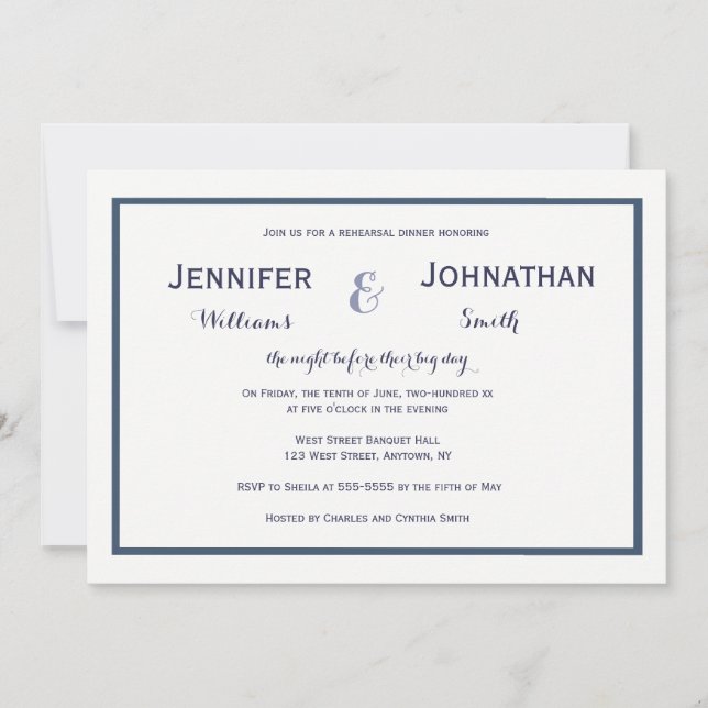 Navy border modern rehearsal dinner invitations (Front)