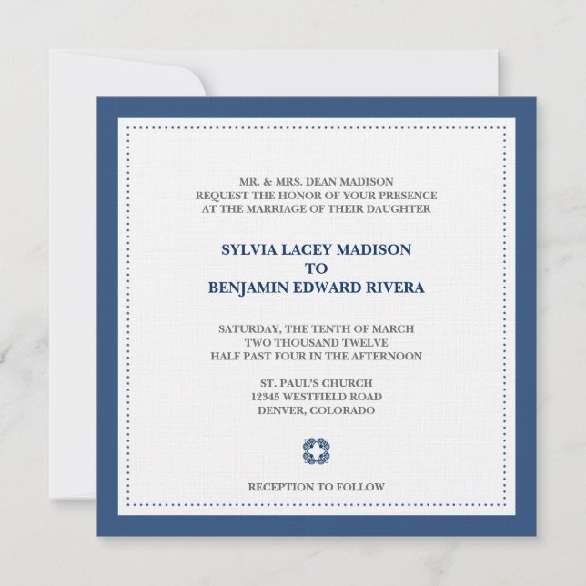Navy border square traditional wedding invitation (Front)
