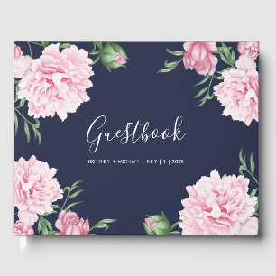 Navy Botanical Floral Pink Peony Elegant Wedding Guest Book