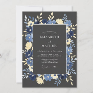 Navy Botanical Laurel Wedding Invitation