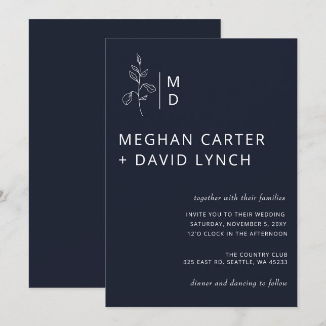 Navy Botanical Monogram Wedding Invitation (Front/Back)