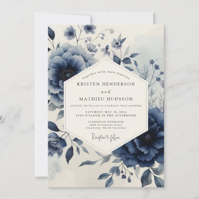 Navy Botanical Moody Wedding Invitation (Front)