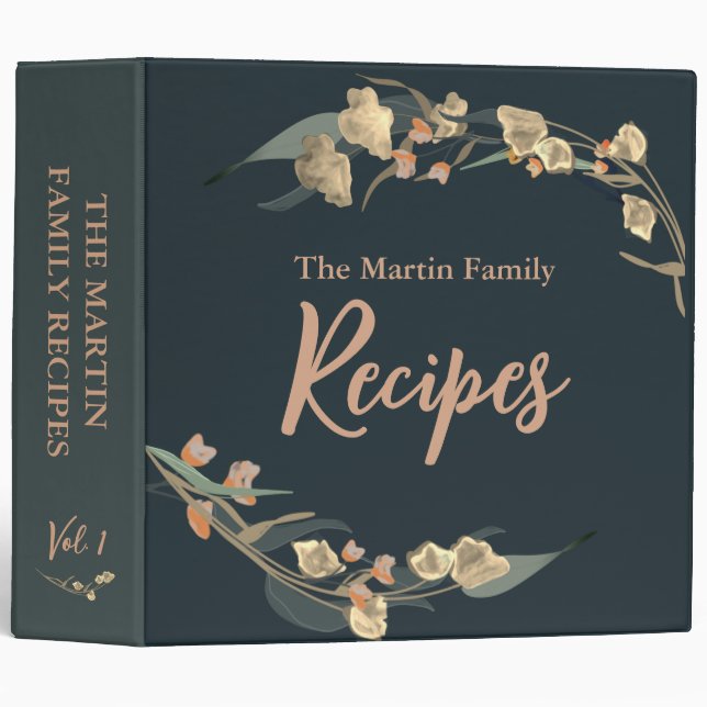 Navy Botanical Watercolor Family Recipe  Binder (Front/Spine)