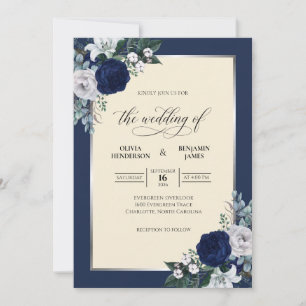 Navy Bouquet Ivory Eucalyptus Wedding Invitation