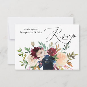 Navy, Bourgogne, Floral rose avec carte RSVP Repas