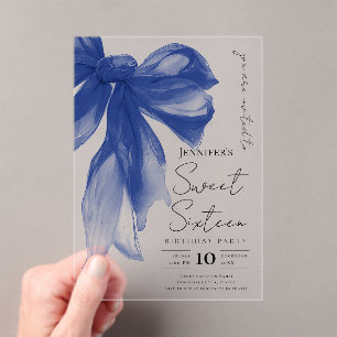 Navy Bow Coquette Script Sweet 16 Party Acrylic Invitations