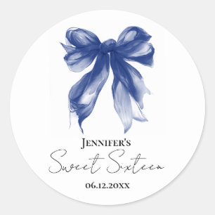 Navy Bow Coquette Script Sweet 16 Party  Classic Round Sticker