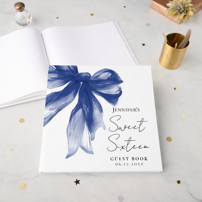 Navy Bow Coquette Script Sweet 16 Party  Guest Book (Front Open)