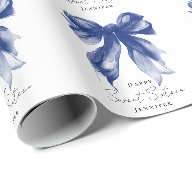 Navy Bow Coquette Script Sweet 16 Party  Wrapping Paper (Roll Corner)