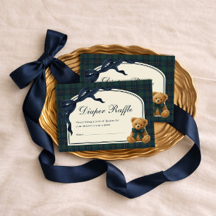 Navy Bow Teddy Bear Vintage Plaid Diaper Raffle Enclosure Card