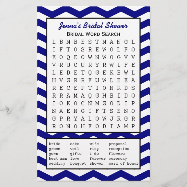 Navy Bridal Party Shower Word Search Game (Front)