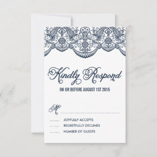 Navy Brocade Lace Wedding RSVP Card