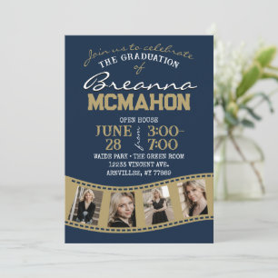Navy & Bronze Gold Filmstrip 5 Photo Graduation Invitation