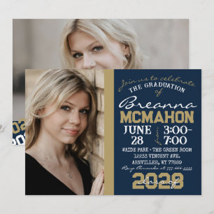 Navy & Bronze Gold Graduation 2 Photo Invitation