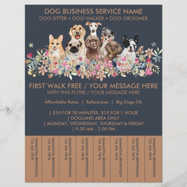 Navy Brown Breeds Dog Walker Budget Tickets Flyer (Front)