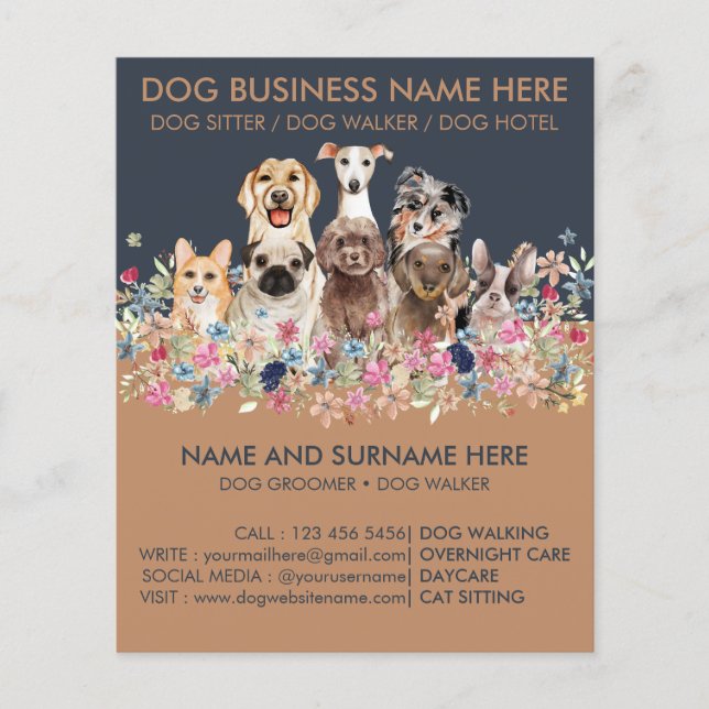 Navy Brown Dog Sitting Service Pet groomer Flyer (Front)