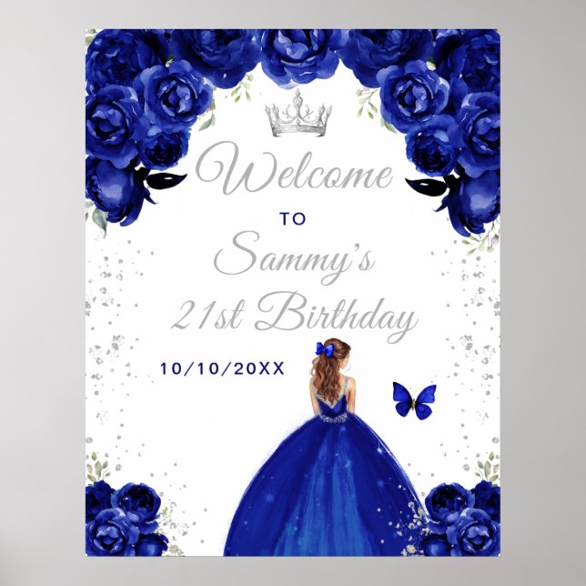 Navy Brown Hair Princess Birthday Welcome Poster (Front)