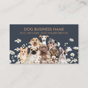 Navy Brown Pups Daisy Flower Dog Groomer Pet Business Card