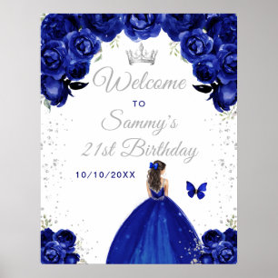 Navy Brunette Hair Princess Birthday Welcome Poster