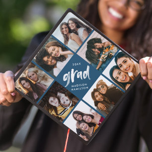Navy   Brush Script Grad 8 Photo Collage Graduation Cap Topper