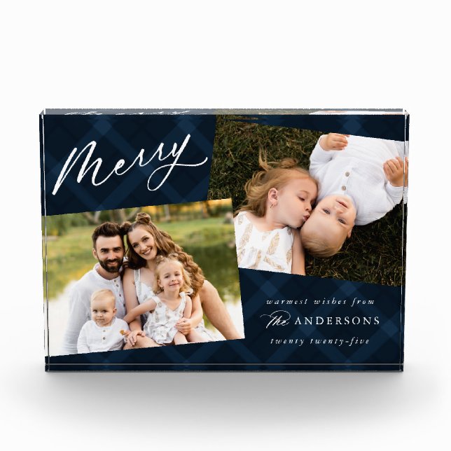 Navy Brushed Plaid Holiday Photo Block (Front)