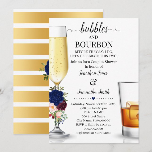 Navy Bubbles & Bourbon before I do Couples Shower Invitation (Front/Back)