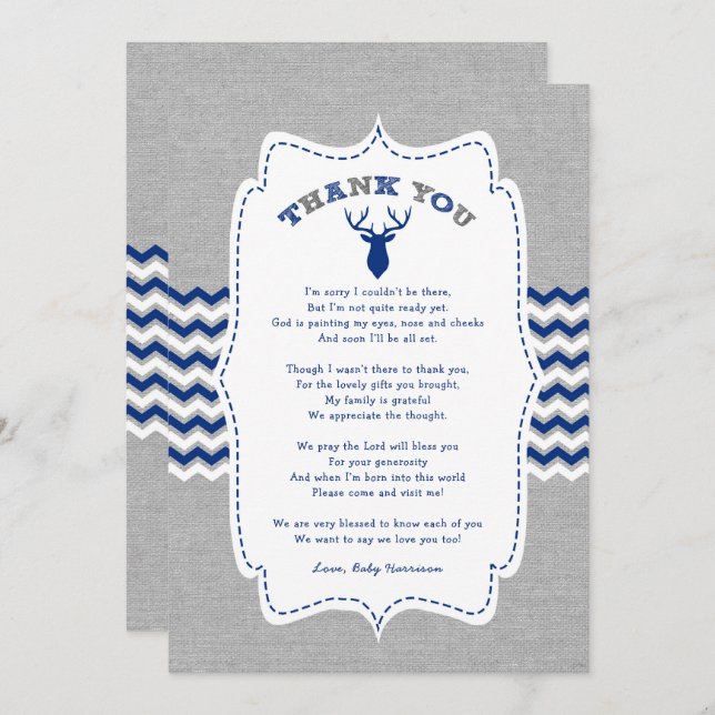 Navy Buck Baby Shower thank you note + poem Invitation (Front/Back)