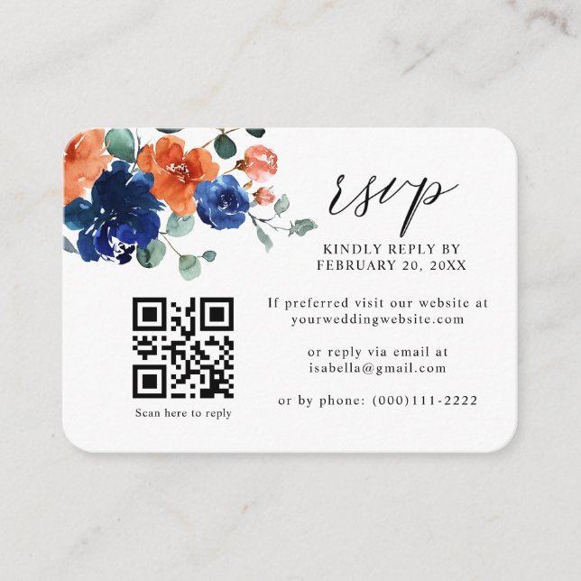 Navy Bue Burnt Orange QR Code Wedding RSVP Enclosure Card (Front)