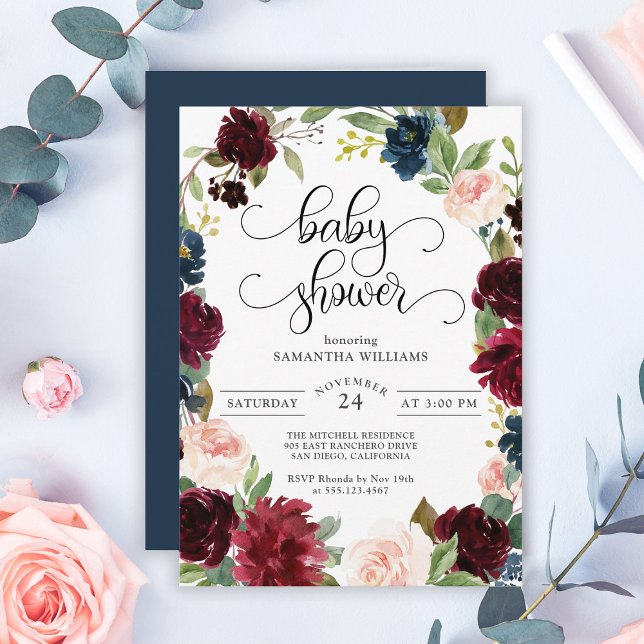 Navy Burgundy and Blush Pink Floral Baby Shower Invitation (Creator Uploaded)