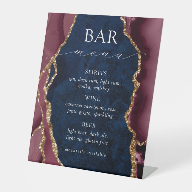 Navy, Burgundy and Gold Agate Bar Menu Pedestal Sign (Front)