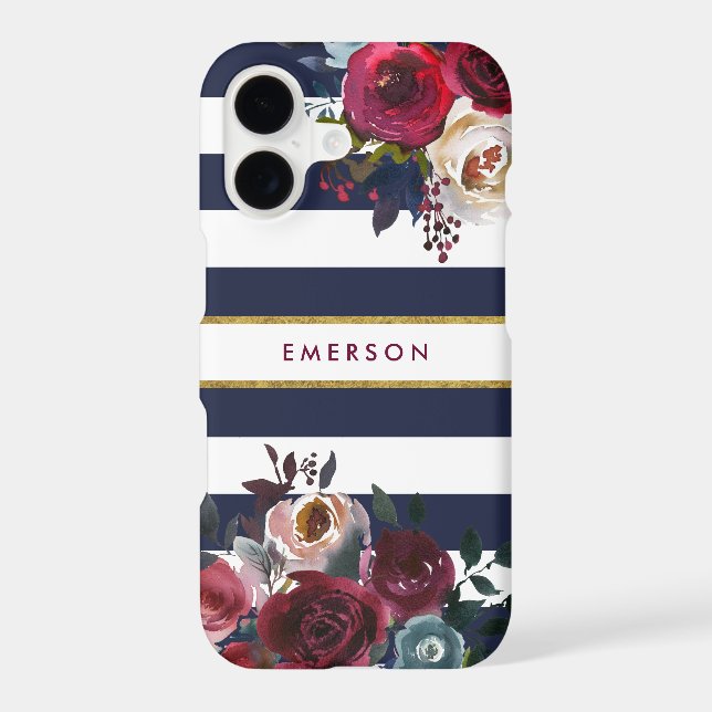 Navy Burgundy and Gold Boho Floral Stripe Monogram (Back)