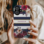 Navy Burgundy and Gold Boho Floral Stripe Monogram iPhone 16 Case<br><div class="desc">Custom monogrammed phone cases personalized with your name or other text. This trendy boho design features a watercolor floral border in rustic fall colours on a navy and white striped background with faux gold foil accent. Use the design tools to choose any background colour, change text fonts and colours or...</div>
